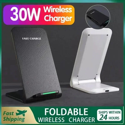 30W Foldable Wireless Charging Stand - Fast Charge Station for iPhone 17/16/15/14/13/12 Pro, X, XS, 8, Samsung, and Xiaomi